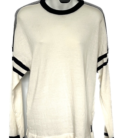 MARINA YACHTING Crew Neck Sweater Pullover Size L Off White Blue Striped Sleeve - Picture 2 of 7